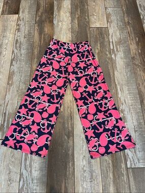 Lolly Wolly Doodle Navy & Hot Pink Anchors and Whales Print Wide Leg Pants